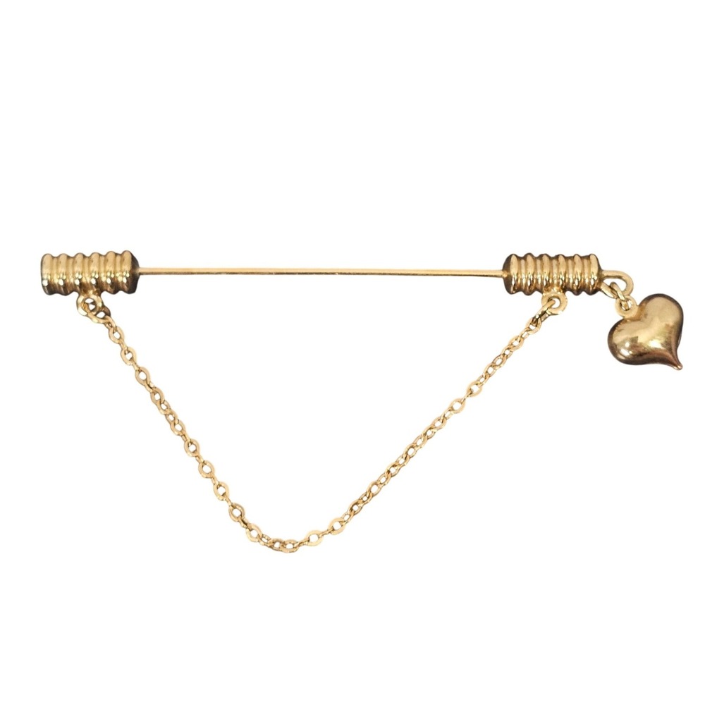 Vintage Gold Tone Puffed Heart Charm Collar Bar Pin Draped Chain Accessory 2in